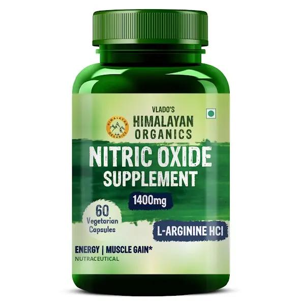 Vlado's Himalayan Organics Nitric Oxide Supplement with L- Arginine HCL 1400mg/Serve with Caffeine | Muscle Growth, Stamina, Recovery, Energy & Immunity | 60 Veg Capsules