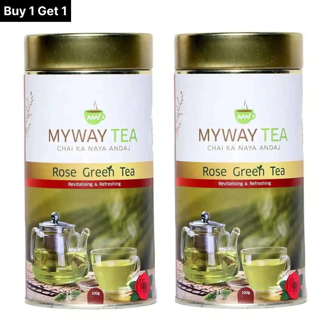 MYWAY TEA Natural Rose Green Tea, rose petals for good skin, hair, soothes menstrual cramps and weightloss Loose Green Tea Leaves with No Tea Dust. Only Leaf Green Tea,Helps to Body Cleanse, Boost Immunity Promote Healthy & Glowing Skin, Zero Calories 100gm Pack of 2