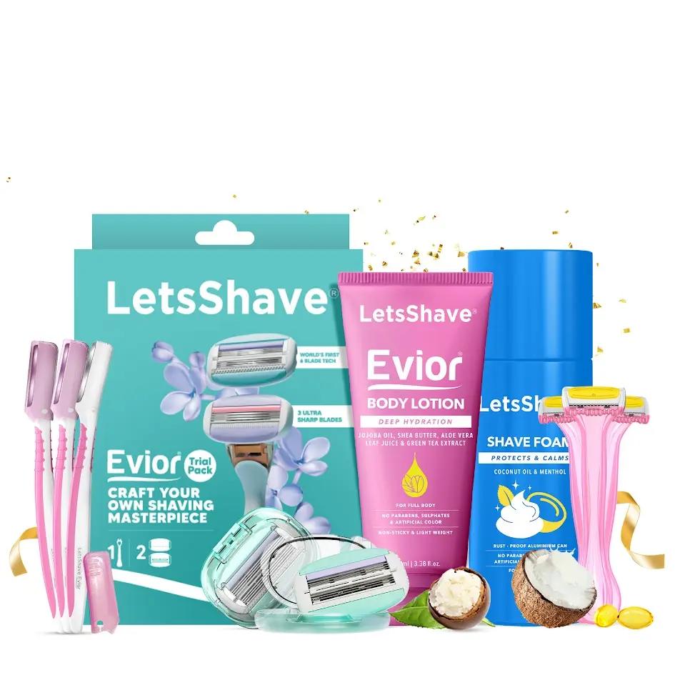 LetsShave Evior Absolute Shaving Kit For Women With Bikini Razor For Women, Face Razor For Women, 6 Blade Razor For Women, Shave Foam & After Shaving Balm | Hair Removal Machine For Women Body Razors