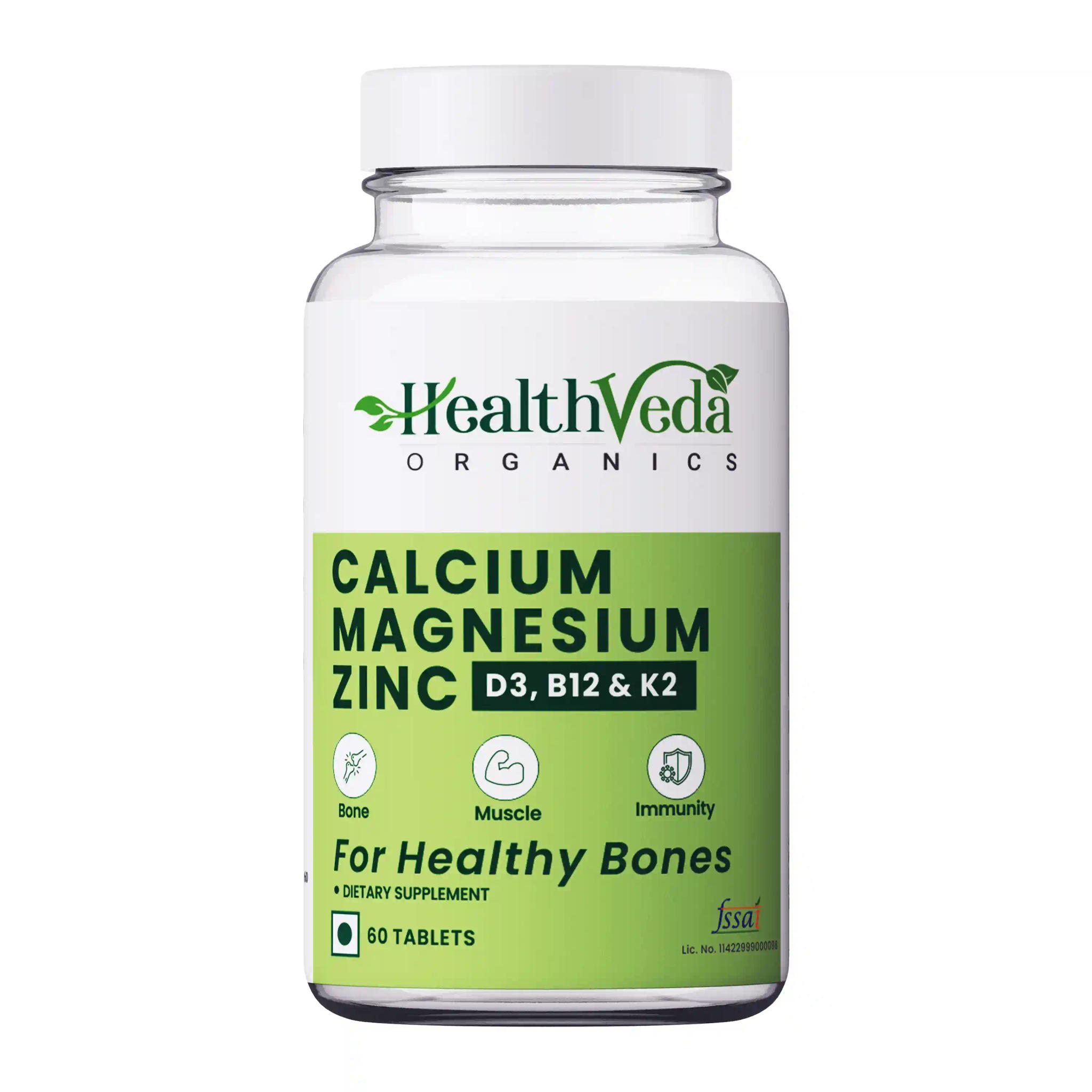 Health Veda Organics Calcium, Magnesium, & Zinc Tablets with Vitamin D3 & B12 For Healthy & Strong Bones, 60 Veg Tablets