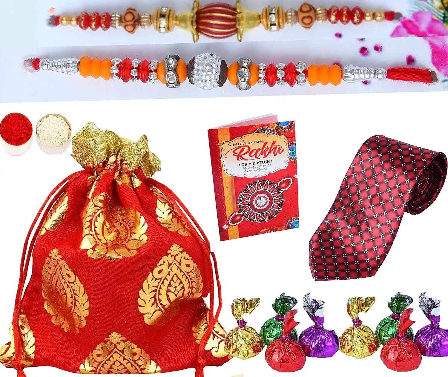 MANTOUSS Set Of 2 Rakhi For Brother With Gift/Rakhi For Brother With Chocolate/Rakhhi Combo-Potli With Chocolates For Raksha Bandhan+Set Of 2 Rakhi+Roli, Chawal+Men'S Neck Tie+Rakhi Greeting Card