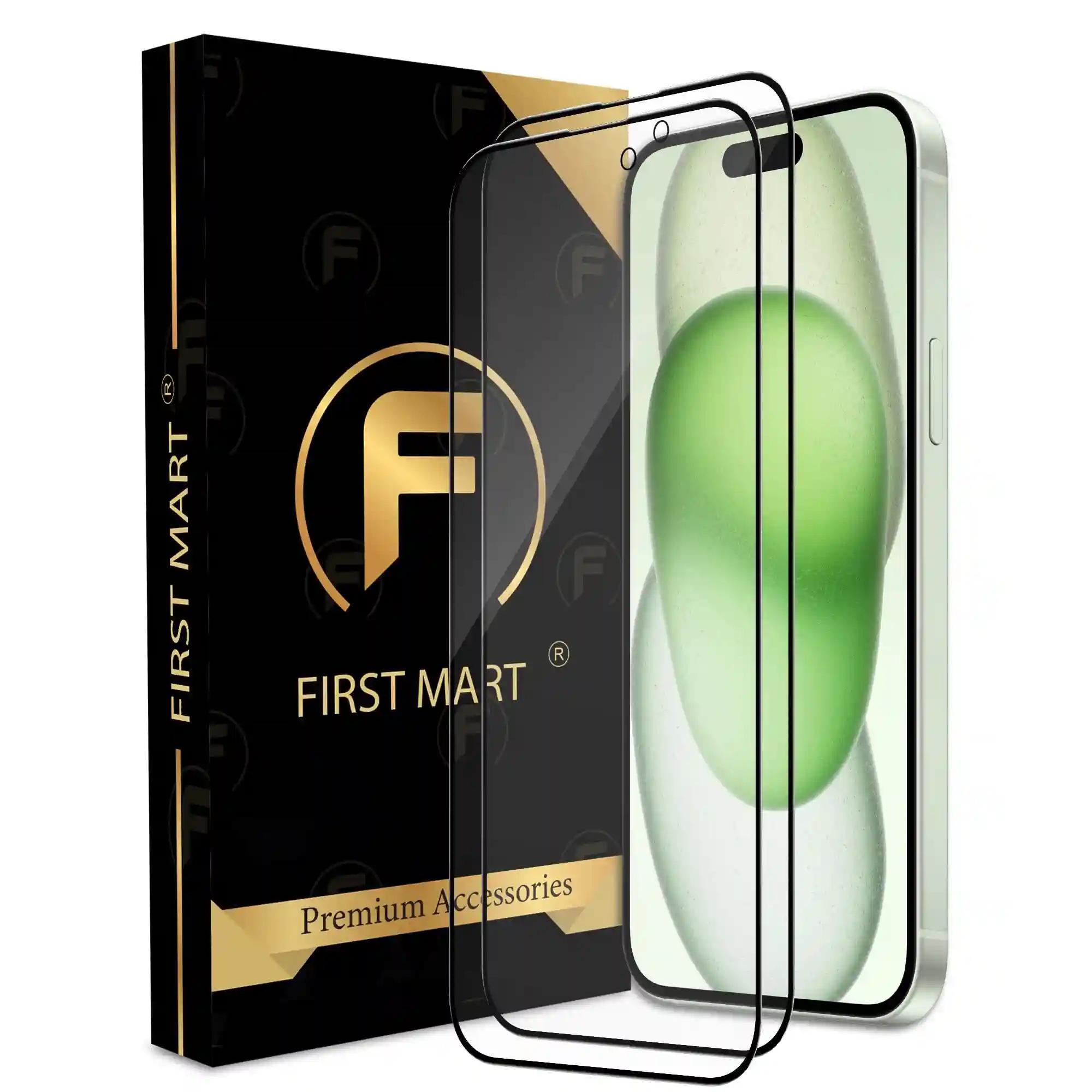 FIRST MART Premium Tempered Glass for iPhone 15 Plus with Edge to Edge Coverage and Easy Installation Kit, Pack of 2