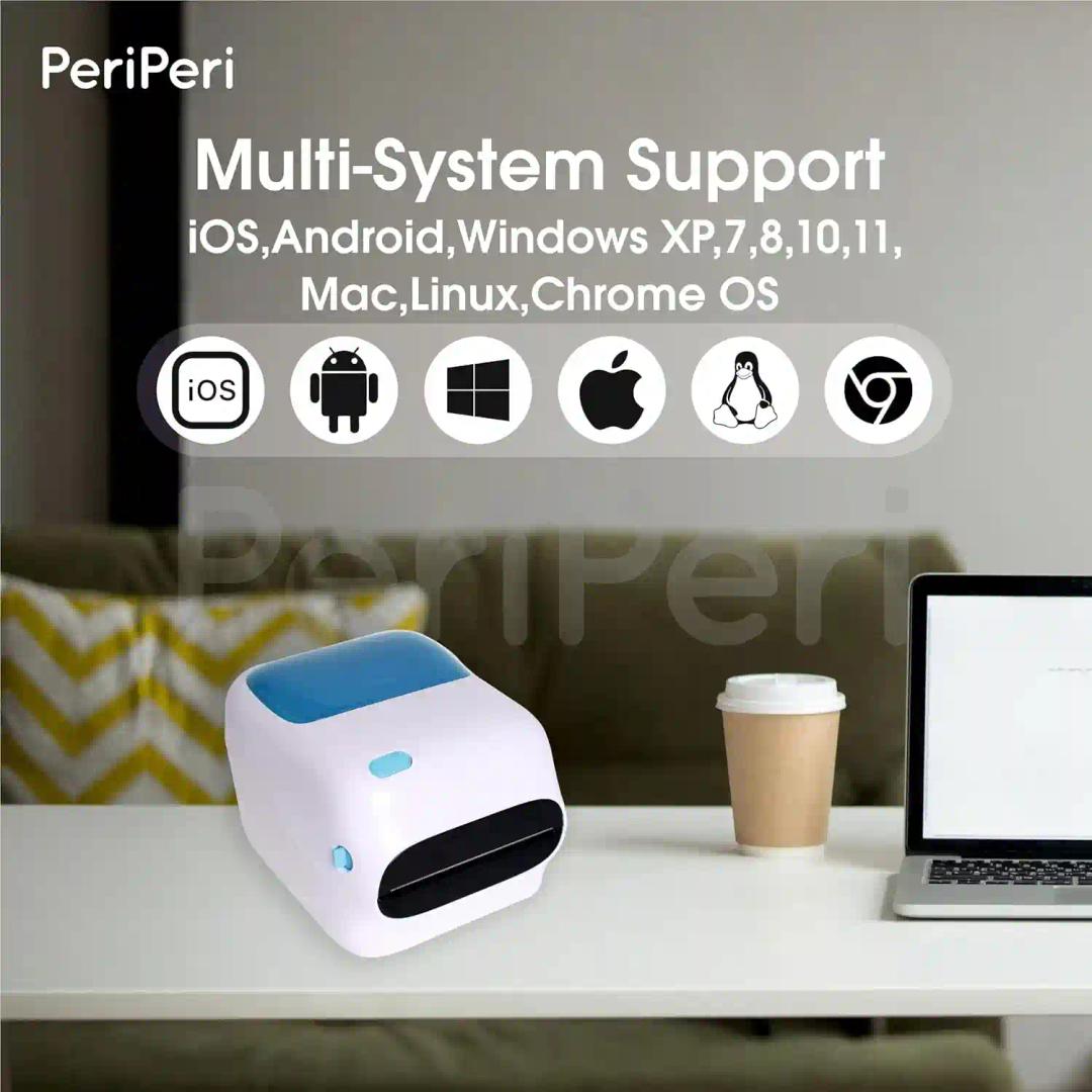 Periperi 4 Inch Bluetooth Direct Thermal Label + Receipt Printer For Any Size Labels & Receipts Compatible With Android, Ios, Windows, Mac, Linux 152 Mm/S (4X6 Printer Blue White)