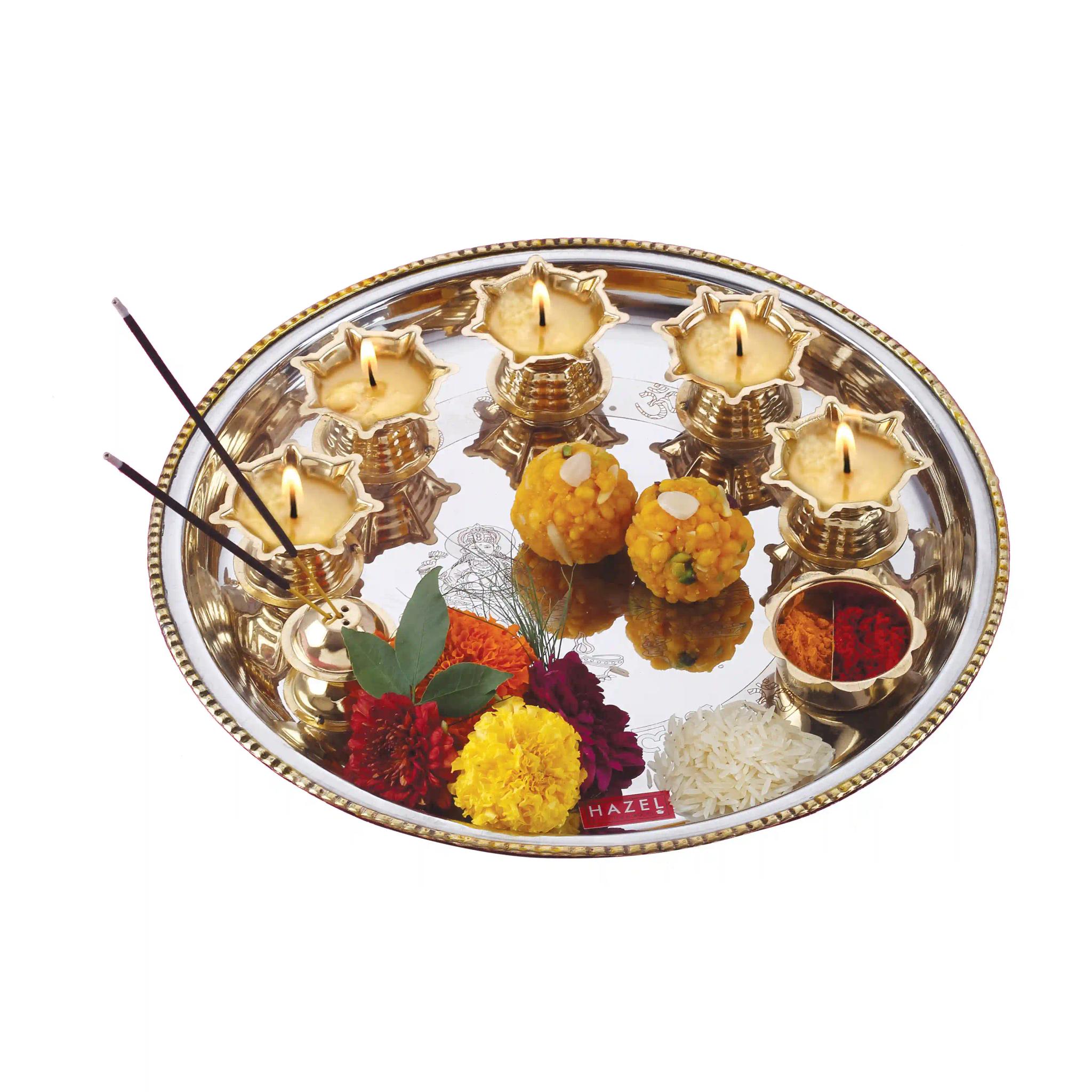 HAZEL Stainless Steel Pooja Thali Set for Aarti | Golden and Silver Color Aarti Thali with 5 Diya & 1 Agarbatti Stand | Aarti Thali for Pooja for All Occasion