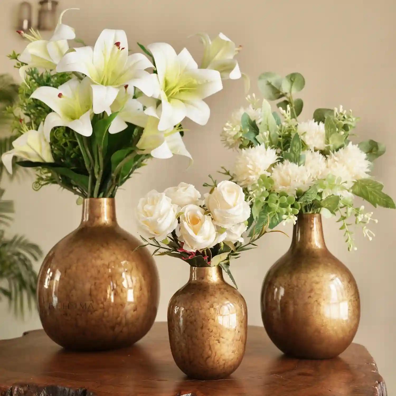 Behoma Metal Flower Vase for Home Decor| Decoration Item for Living Room Office| Table Decorative Flower Pot for Gifting | Anitique Gold Large (Flowers not Included)