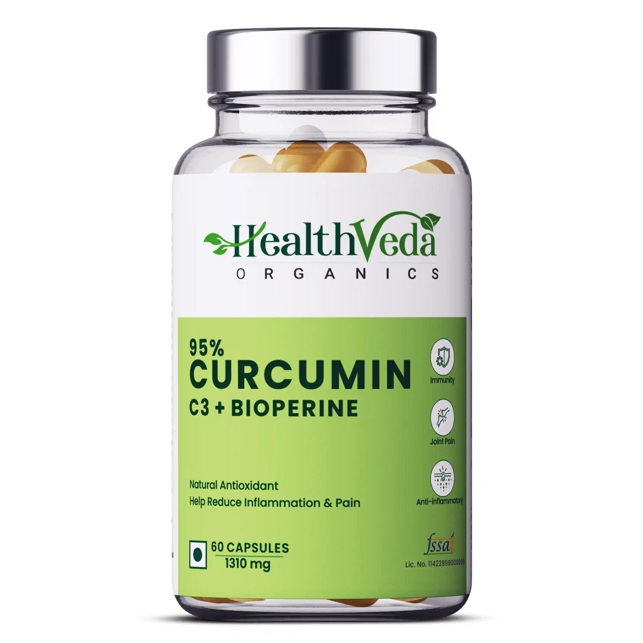 Health Veda Organics Curcumin C3 + Bioperine Supplements, 1310 Mg | 60 Veg Capsules | Supports Joint & Muscle Health | Better Absorption | Boost Immunity | For Men & Women