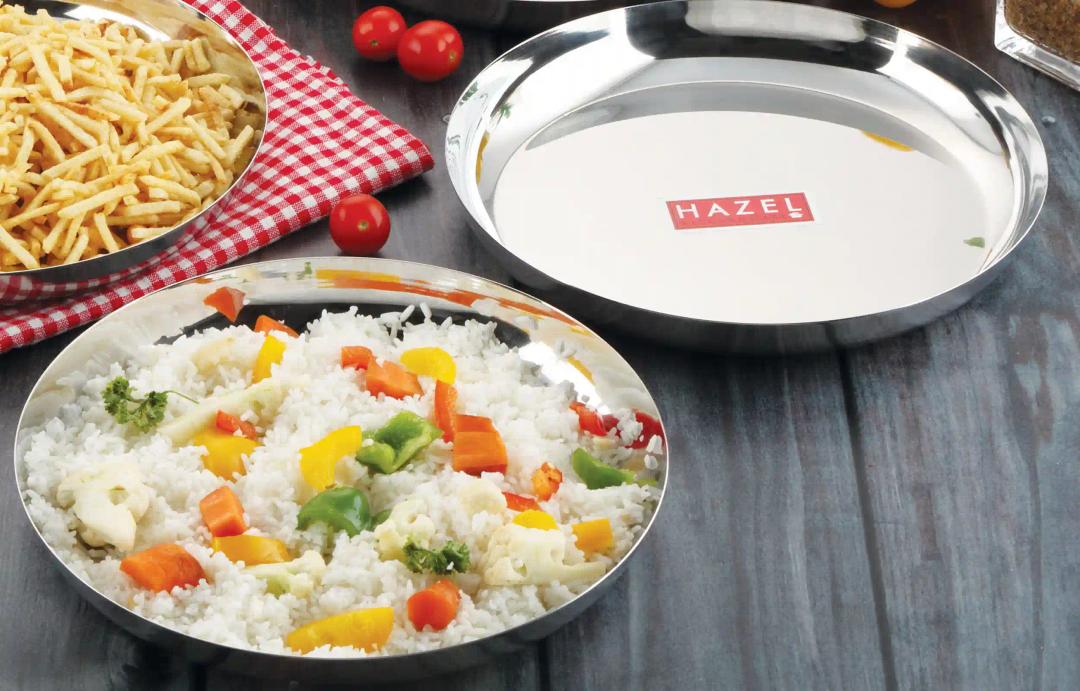 HAZEL Steel Plates for Lunch |Plates Set Steel for Dinner | Steel Plates Set, 25 cm, Set of 2