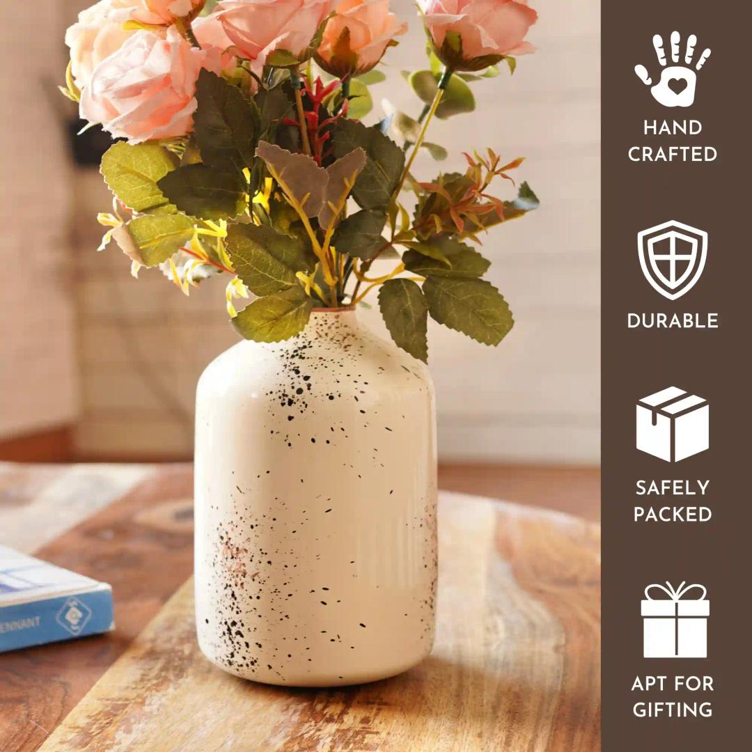 Behoma Metal Flower Vase for Home Decor Bedroom Living Room Office Wedding | Table Decorative Item for Festivals Birthday Off White 1Pcs (10.5 x 15.7 CM) (Flower not Included)