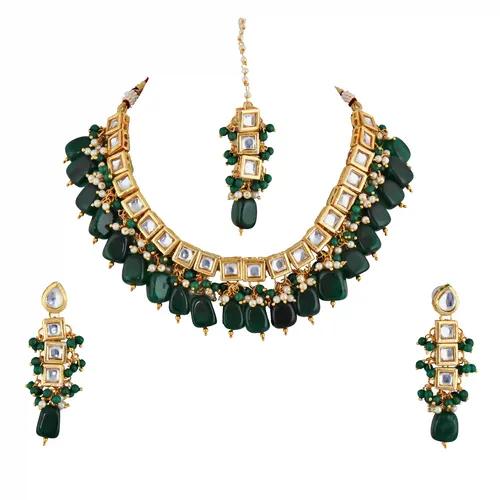 Gold Plated(18k) Meenakari Square Kundan Choker Necklace Set With Maang Tika