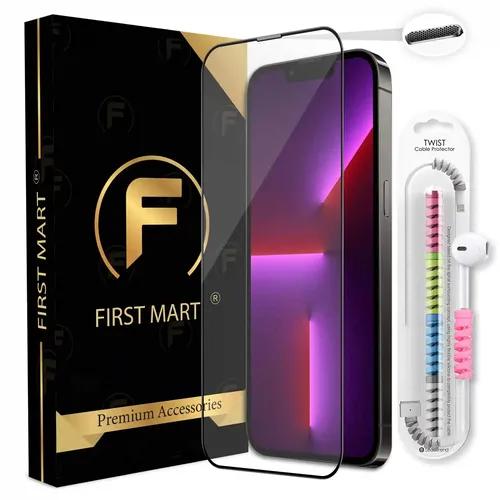 FIRST MART Premium Tempered Glass for iPhone 13 Pro/iPhone 13/14 Edge to Edge Screen Coverage, Speaker Mesh Dust Filter & Cable Protector with Easy Installation Kit