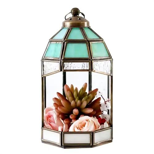 Behoma Hut Temple Lantern for Home Decoration for Table-top, Wall-hanging, Modern Candle & Tealight Holder gifting, Antique Brass finish and Stained Glass (Only Lantern), 8.8” height