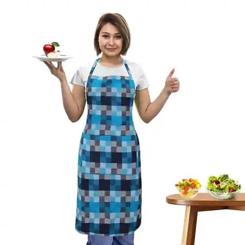 Oasis Blue Checked Drill Cotton Kitchen Apron |Free Size | Comfortable To Wear With Center Pocket |Pack Of 1