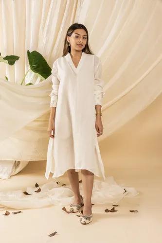 Linen Short Dress With Pearl Embroidery