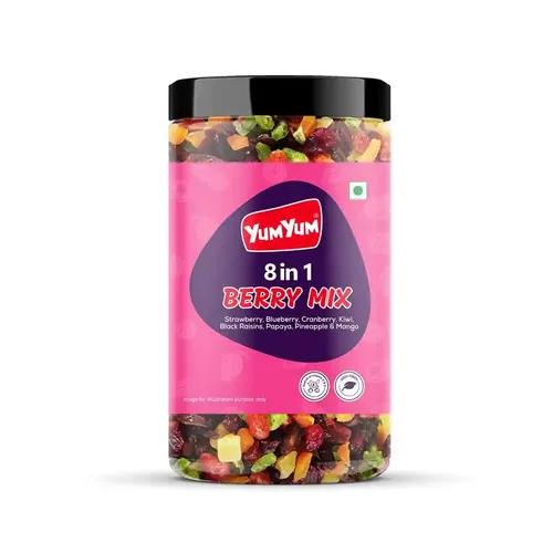 YUM YUM 8 in 1 Berry and Fruits Mix 400g Jar | Dried Berries | Healthy Snacks | Cranberry | Strawberry | Blueberry | Kiwi | Papaya | Pineapple | Mango | Black Raisins | Antioxidants | Ready to Eat