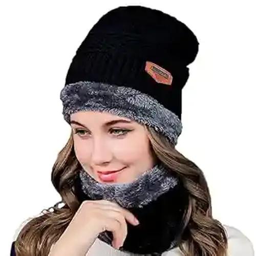 YOUTH ROBE Winter Cap for Women Woolen Cap with Mufflers for Women & Ladies Knitted Woolen Muffler for Women & Girls Muffler Woolen Cap, Stylish Woolen Caps for Women Winter Wear Black