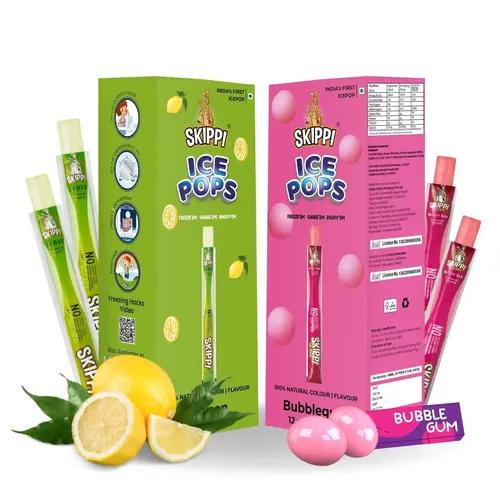 SKIPPI ICE POPS 100% Natural Freezer Pops, Juice Bars, Ice Pops - Bubble Gum & Lemon Flavors (12+12 Pops Boxes)