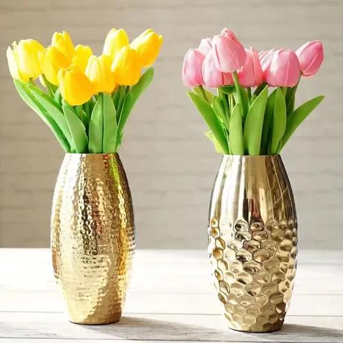 Behoma Metal Hammered Vase for Home Decor | Decoratives for Indoor Outdoor Living Room Balcony |Golden Half Hammered & Full Hammered Oblong Shape (Flower not Included) (Set of 2)