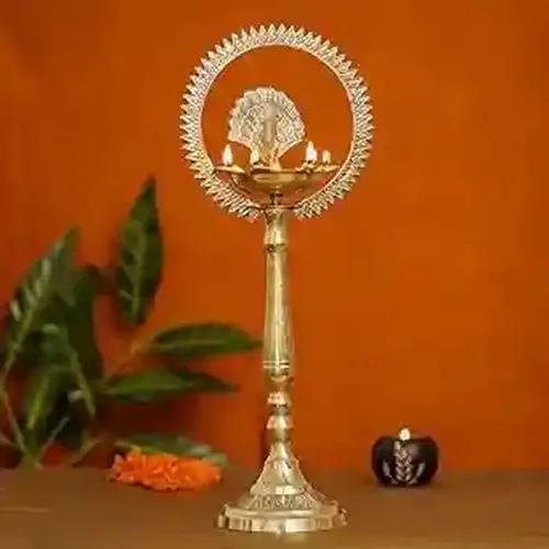 WEBELKART Premium Peacock Indian Traditional Brass Table Deepak Samay Diya Oil Diwali Puja Lamp, Golden- 17 in