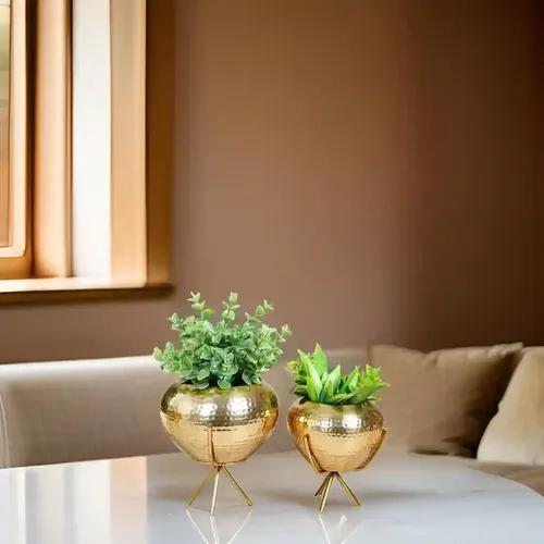 Behoma Metal Hammered Indoor Planter for Table Top & Floor | Living Room Balcony Planters Office Desk Decoration for Small Plants Golden Colour, Set of 2 pcs (Small & Large) Plant Not Included