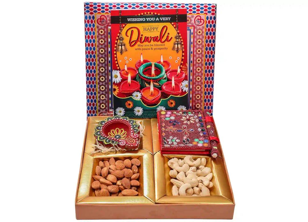 Diwali gift combo/Diwali dry fruits tray/Diwali Gift hampers with Dry Fruits/Diwali Dry fruits gift pack-50 gms of Almond+50 gms of cashew+1 designer Diya+1 handmade diary+Diwali Card