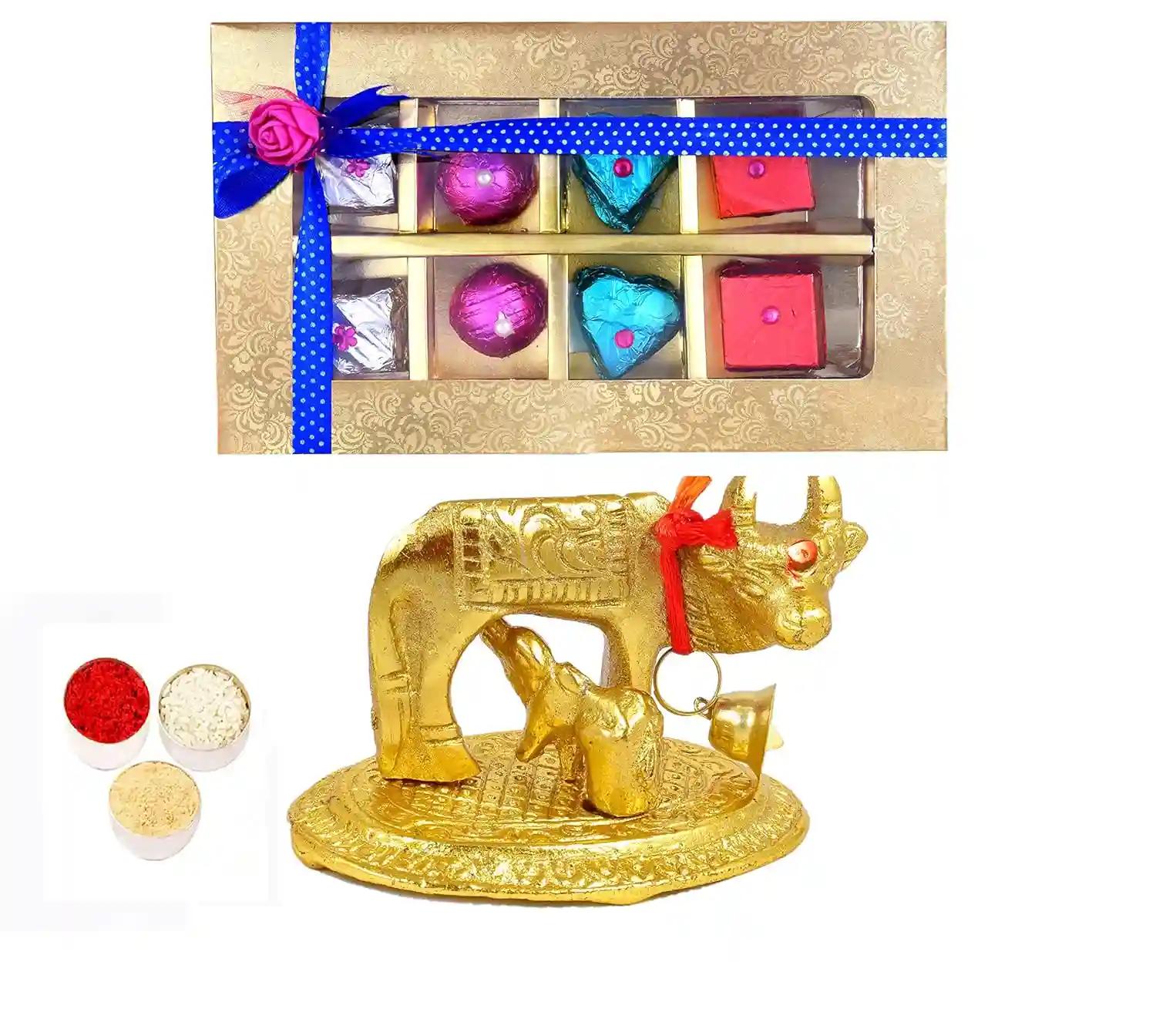 Bhaiya dooj/bhaiya dooj gift/bhaiya dooj tikka with chocolate/bhaiya dooj gift for brother/bhai dooj tika set/bhai dooj gift-Chocolate box+roli chawal chandan+cow and calf decorative showpiece