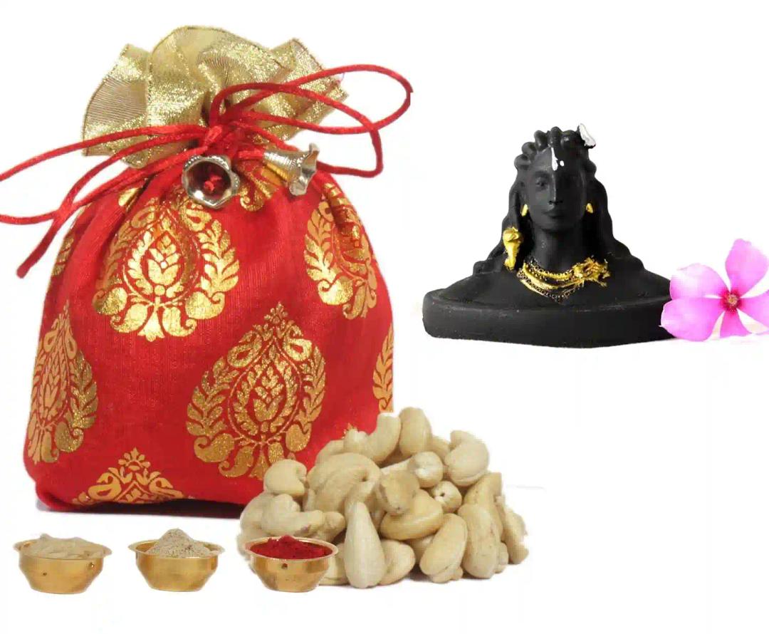 Bhai dooj gift set for brother/bhai dooj tikka/bhai dooj gift for brother/hai dooj tika set/bhaiya dooj gift set-designer potli+cashew (50gms)+showpiece figurine+roli chawal and chandan