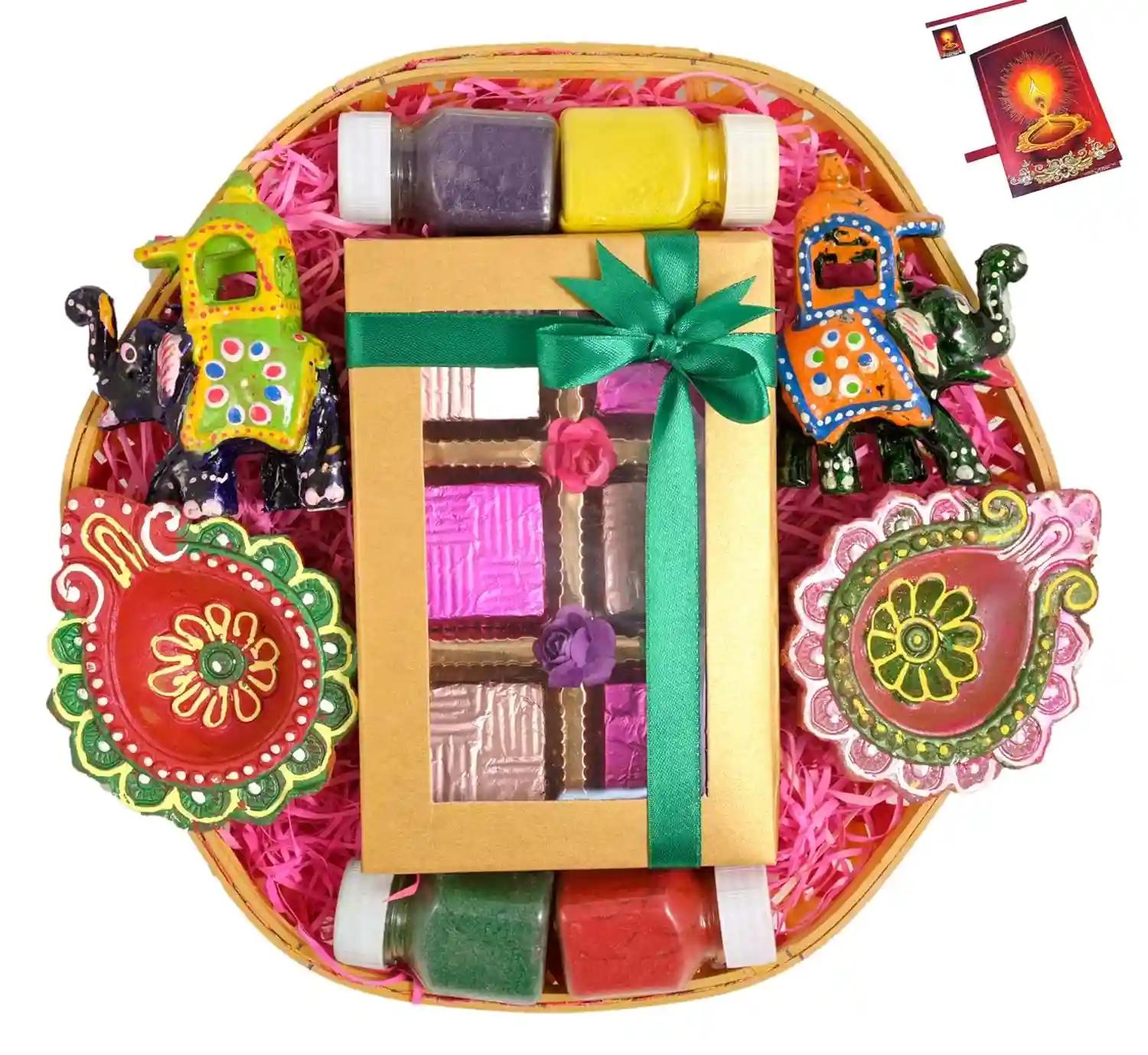 MANTOUSS diwali chocolate candy/diwali gift items/diwali food/diwali food hamper-decorated basket+Pair of elephant for decor+handmade chocolate+2 earthern diya+rangoli colours+Diwali greeting card