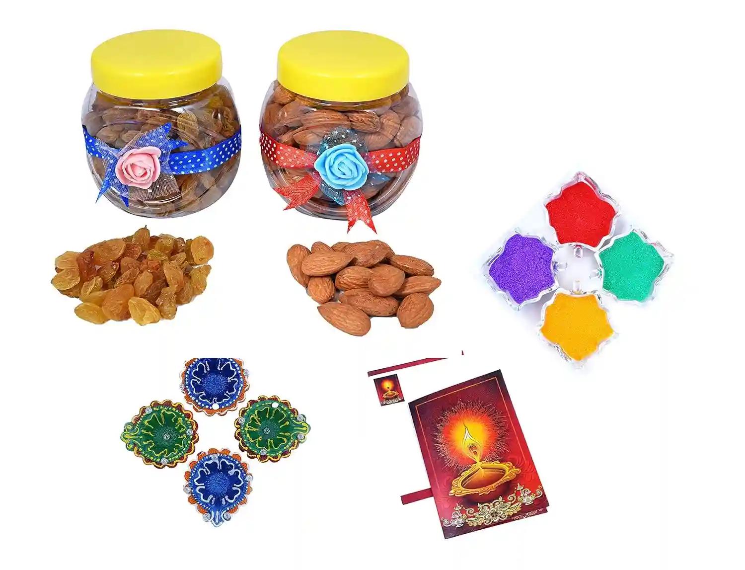 MANTOUSS Diwali Dry Fruit Decorated Jar-Almond and Raisin(100gms Each),200 GMS + 2 earthern Diya, Diwali Greeting Card and Rangoli Colours