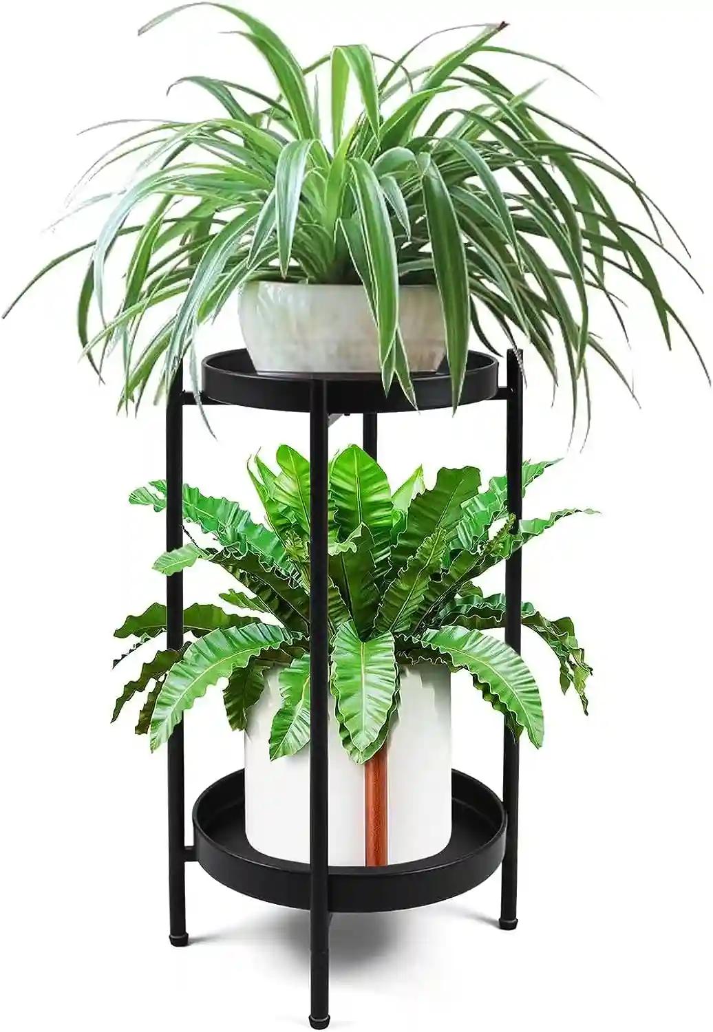 AMASS HANDICRAFTS Metal Plant Stand Shelf for Indoor Outdoor Plants Multiple, 2 Tier Tall Tiered Flower Pot Holder Stands for Corner, Organizer Decoration for Patio, Living Room, Balcony (Black)