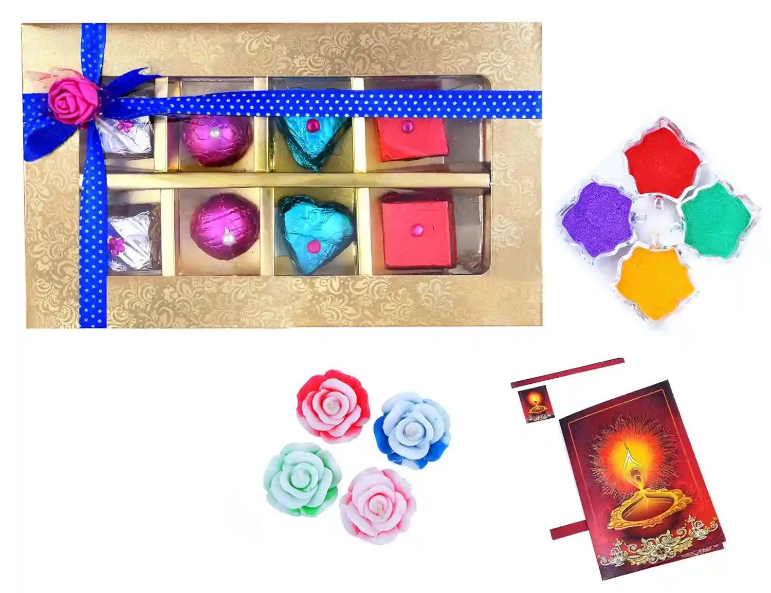 MANTOUSS Happy Diwali Chocolate Gift (Golden Decorative Box) + 2 Floating Diya, Diwali Greeting Card and Rangoli Colours