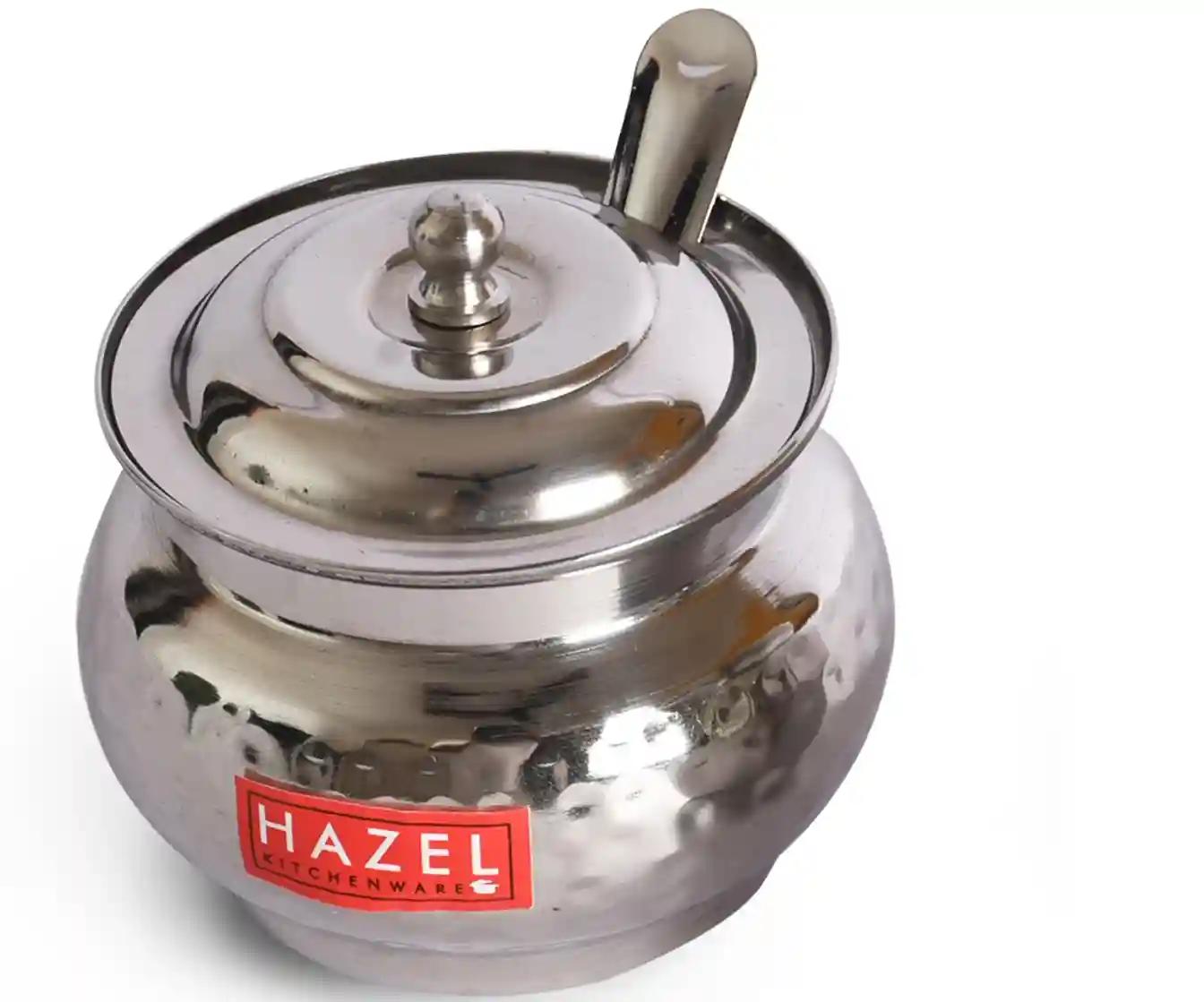 HAZEL Ghee Pot With Spoon | Stainless Steel Hammered Finish Ghee Container For Kitchen | Premium Oil Container With Lid For Pooja Items, 150 ML