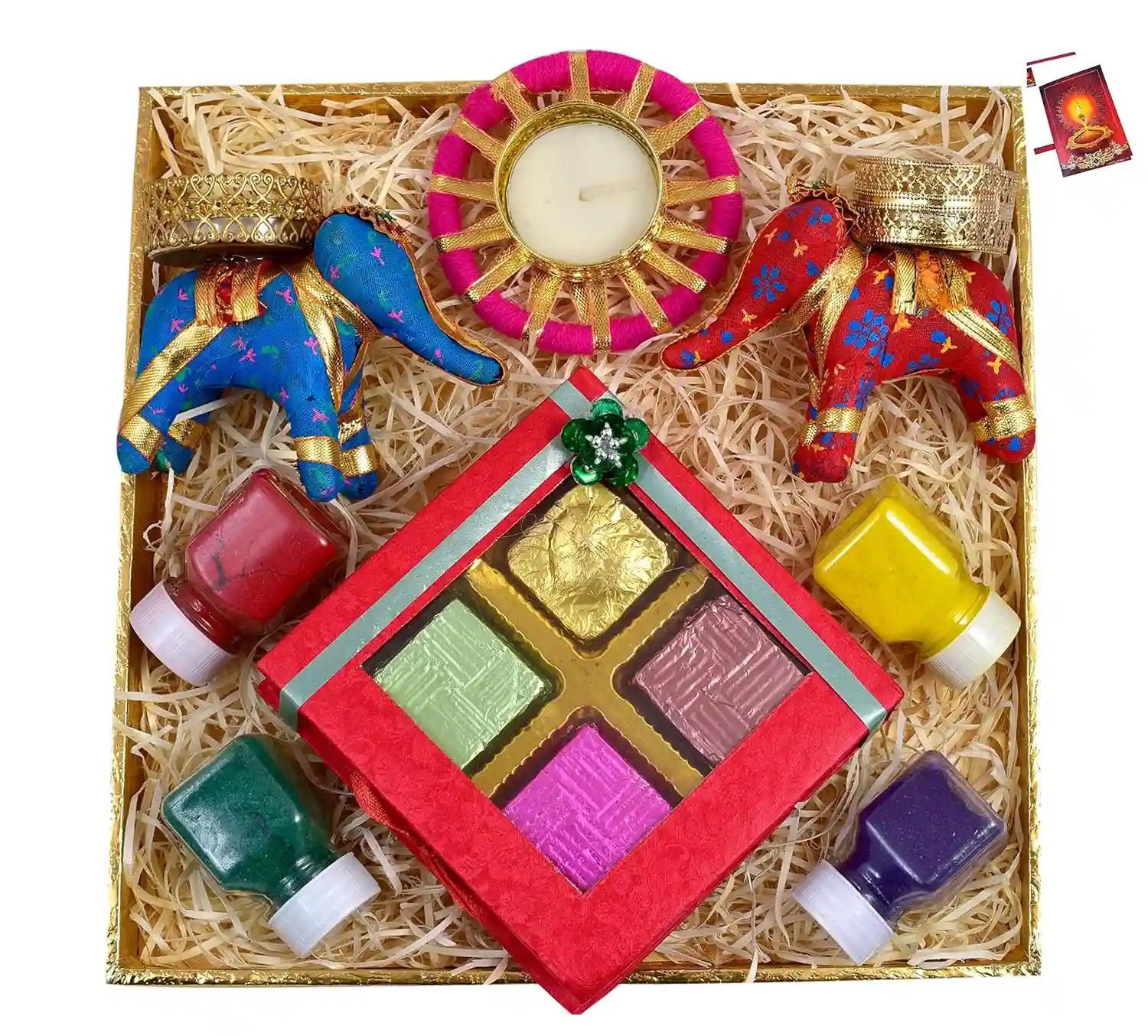 Diwali gift/diwali gift hamper/diwali gift pack/diwali chocolate hamper-decorated tray+Chocolate box+Pair of Elephant Shape Candle Holder+designr diya+4 Rangoli Colours+Diwali Greeting Card