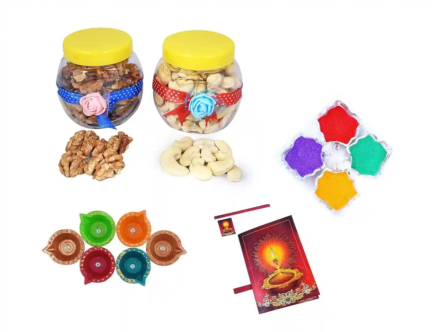 MANTOUSS Diwali Dry Fruit Decorated Jar-Cashew and Walnut(100gms Each),200 GMS + 2 Cute diyas, Rangoli Colours and Diwali Greeting