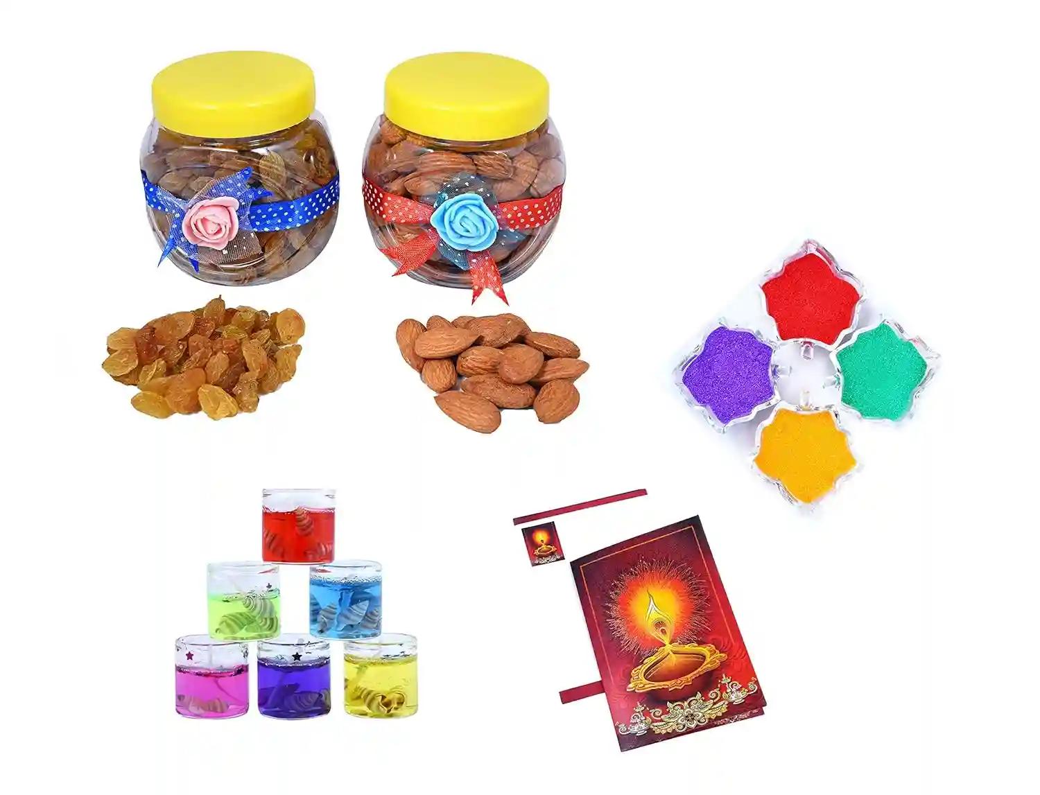 MANTOUSS Diwali Dry Fruit Decorated Jar-Almond and Raisin(100gms Each),200 GMS + 2 Gel Filled Glass Candle, Diwali Greeting Card and Rangoli Colours