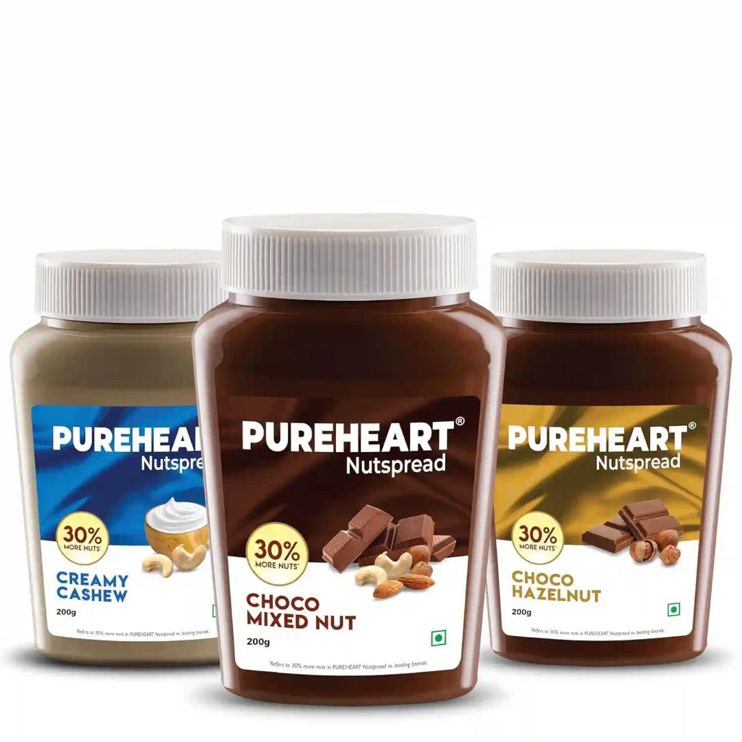 PUREHEART Nut Spread Combo of Creamy Cashew (200 gm) Choco Hazelnut (200 gm) and Choco Mixed Nut (200 gm) Creamy and Nutty Chocolate Spread for Breakfast