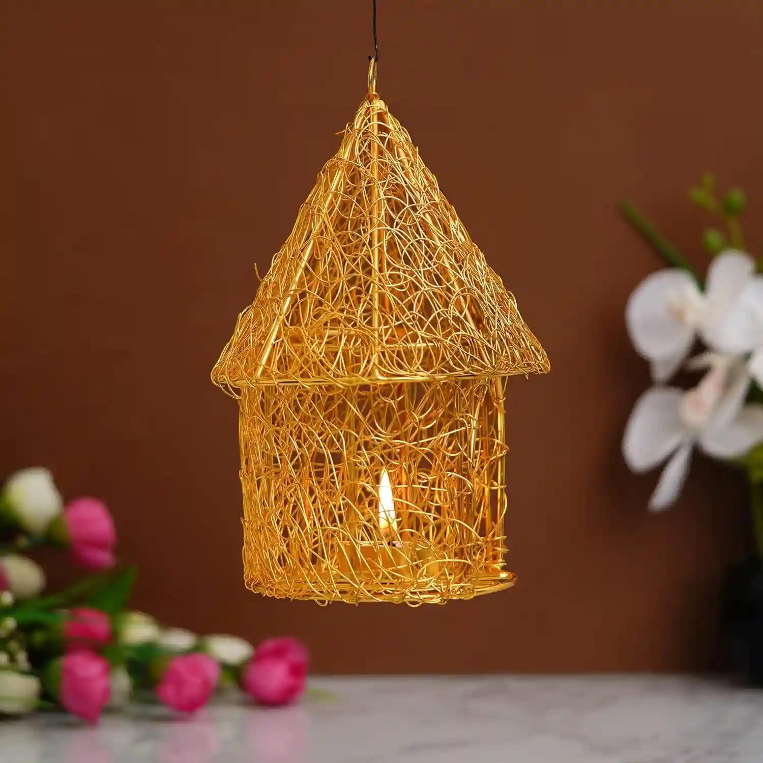 WEBELKART Hanging Bird Cage Nest tealight Candle Holder with Chain for Home and Office Decor| laltern tealight Candle Holder for Home| Hanging Lanterns for Home Decor (8 Inch), Metal