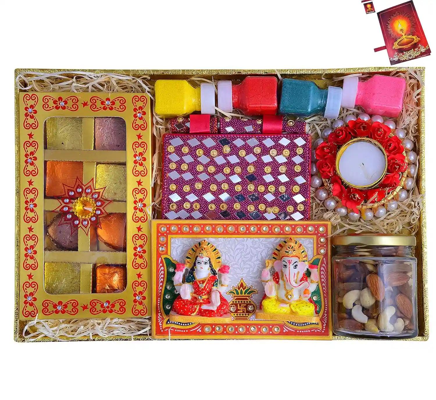 MANTOUSS Dry Fruits Diwali Pack/Diwali Dry Fruits Combo-1 Jar of Mix Dry Fruits+Chocolate Box+laxmi Ganesh chowki+Hand Decorated Diary Pen+Designer Flower tealight+Rangoli Colours+deepawali Card