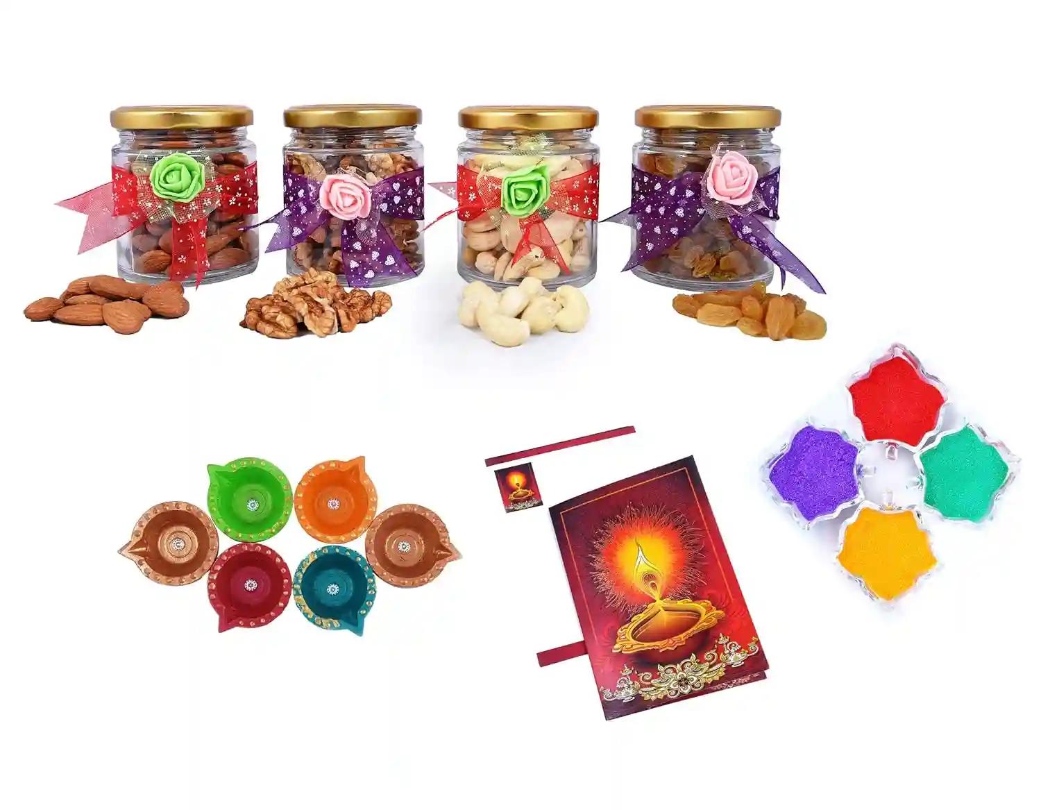 MANTOUSS Exclusive Diwali Dry Fruit Decorative Glass Jar-Cashew,Almond,Walnut and Raisin (100gms Each),400 GMS + 2 Cute diyas, Rangoli Colours and Diwali Greeting