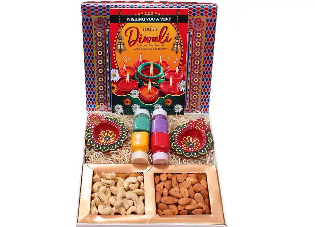 Diwali dry fruits tray/Diwali Gift hampers with Dry Fruits/Dry Fruits Combo Pack/Diwali Dry fruits gift pack-50 gms of Almond+50 gms of cashew+2 designer Diya+4 Rangoli Colours+Diwali Card