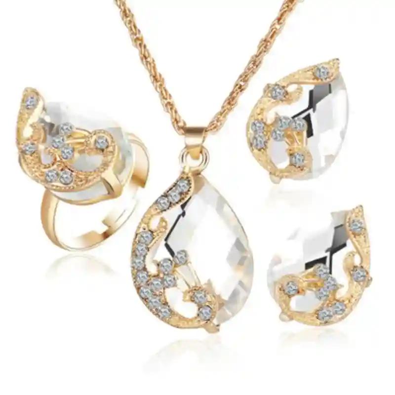 Transparent Drop Shaped Diamond Pendant Earring Ring Set