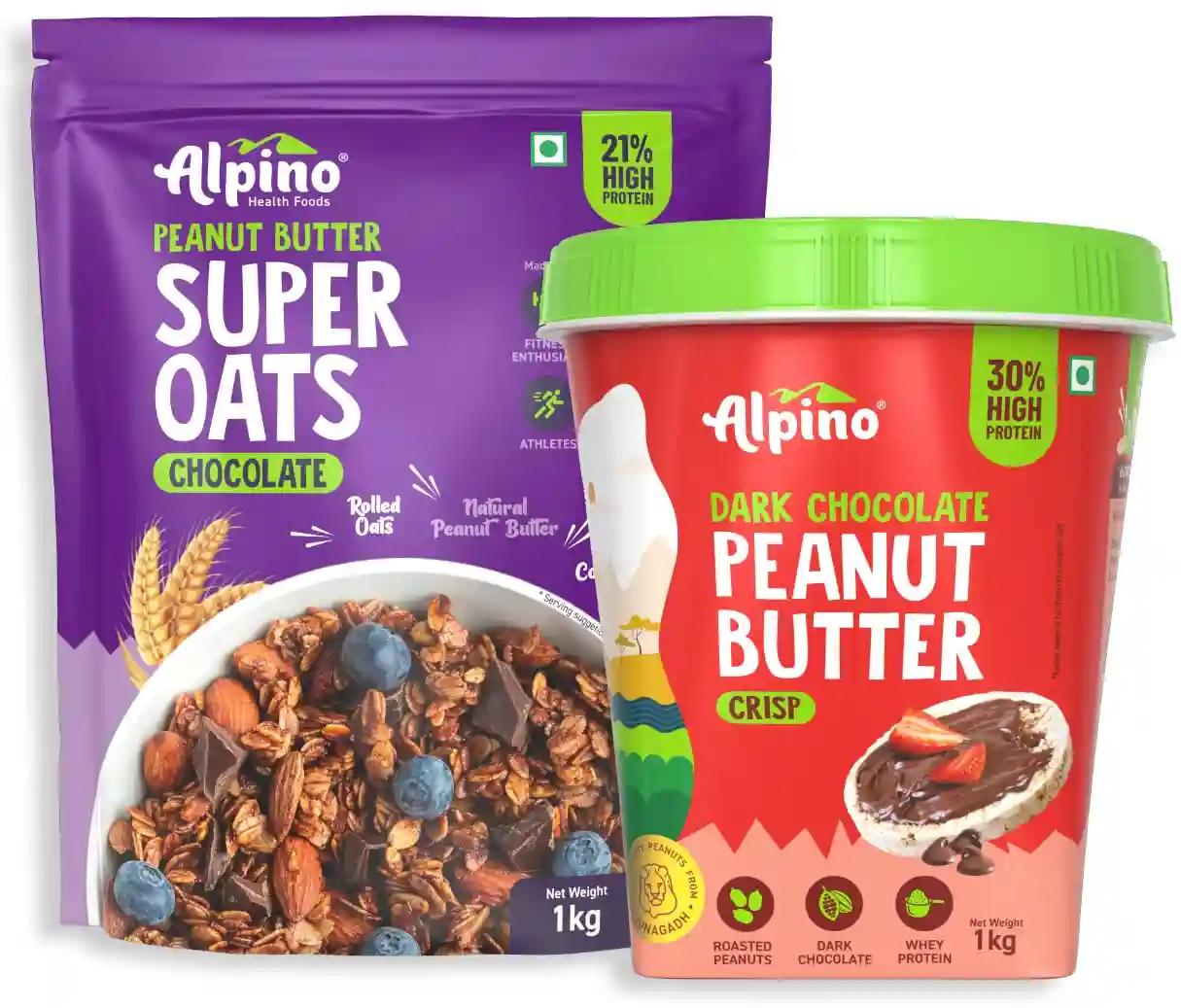 Alpino Health Foods Pre-Workout High Protein & Fiber Diet Super Combo - High Protein Super Oats Chocolate 1kg, High Protein Dark Chocolate Peanut Butter Crisp 1kg