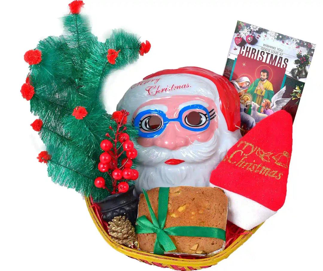 Christmas Gift Basket/Christmas Gift Hamper/Christmas Cake Gift-Decorated Basket+150gms Cake+Christmas Tree+Santa Claus mask+Santa Claus Cap+Bunch of Decorative Cherry+Pine Cone+Christmas Card