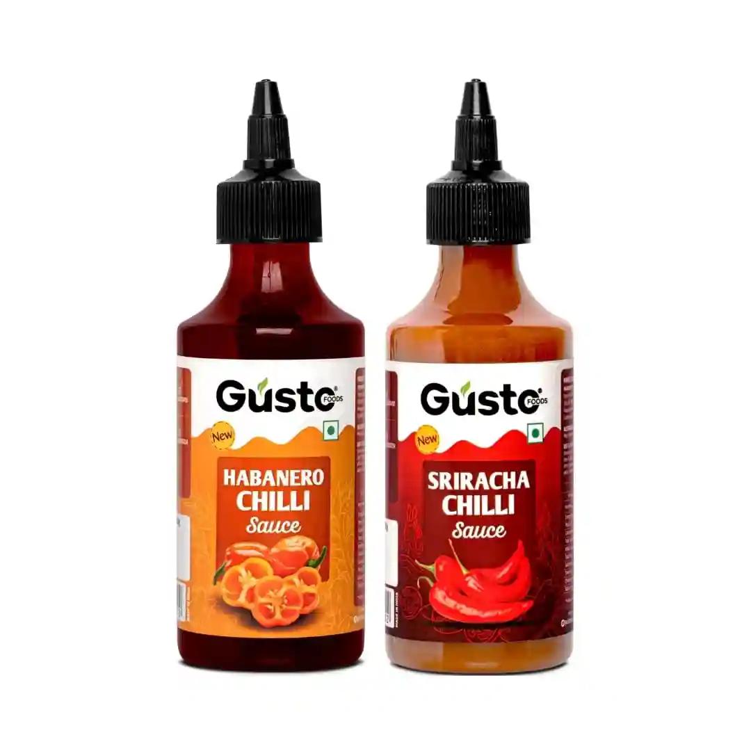 Gusto Foods Habanero Sauce - 200g & Sriracha Sauce - 200g | Spicy & Tangy Red Chilli Sauce | Perfect for Cooking, Dipping & Marinating | Spicy & Fiery Hot Sauce | Perfect for Cooking, Dipping & Marinating | Vegetarian, Flavor-Enhanced, Combo