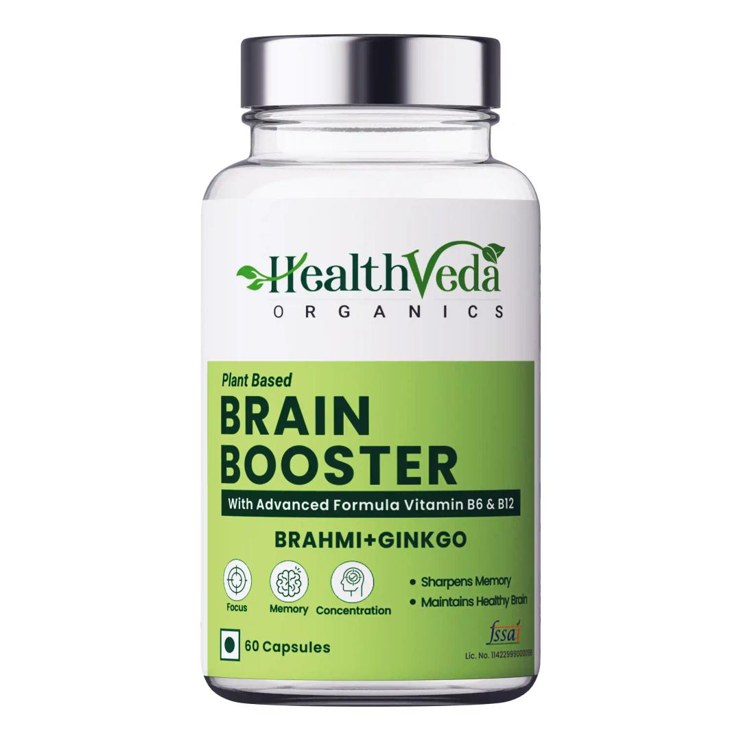 Health Veda Organics Plant Based Brain Booster Supplement for Better Concentration & Learning Activities, 60 Veg Capsules