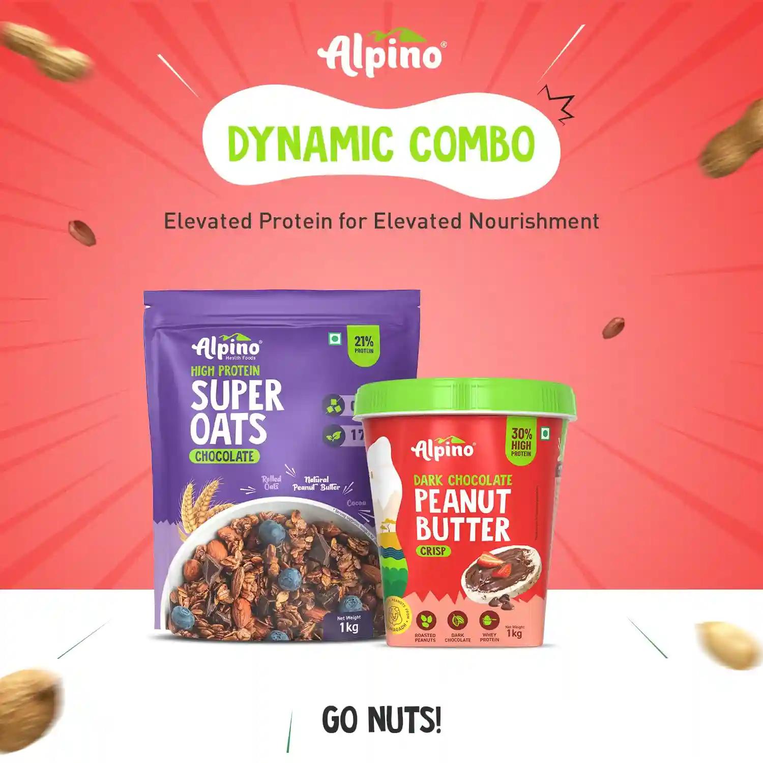 Alpino Health Foods Pre-Workout High Protein & Fiber Diet Super Combo - High Protein Super Oats Chocolate 1kg, High Protein Dark Chocolate Peanut Butter Crisp 1kg