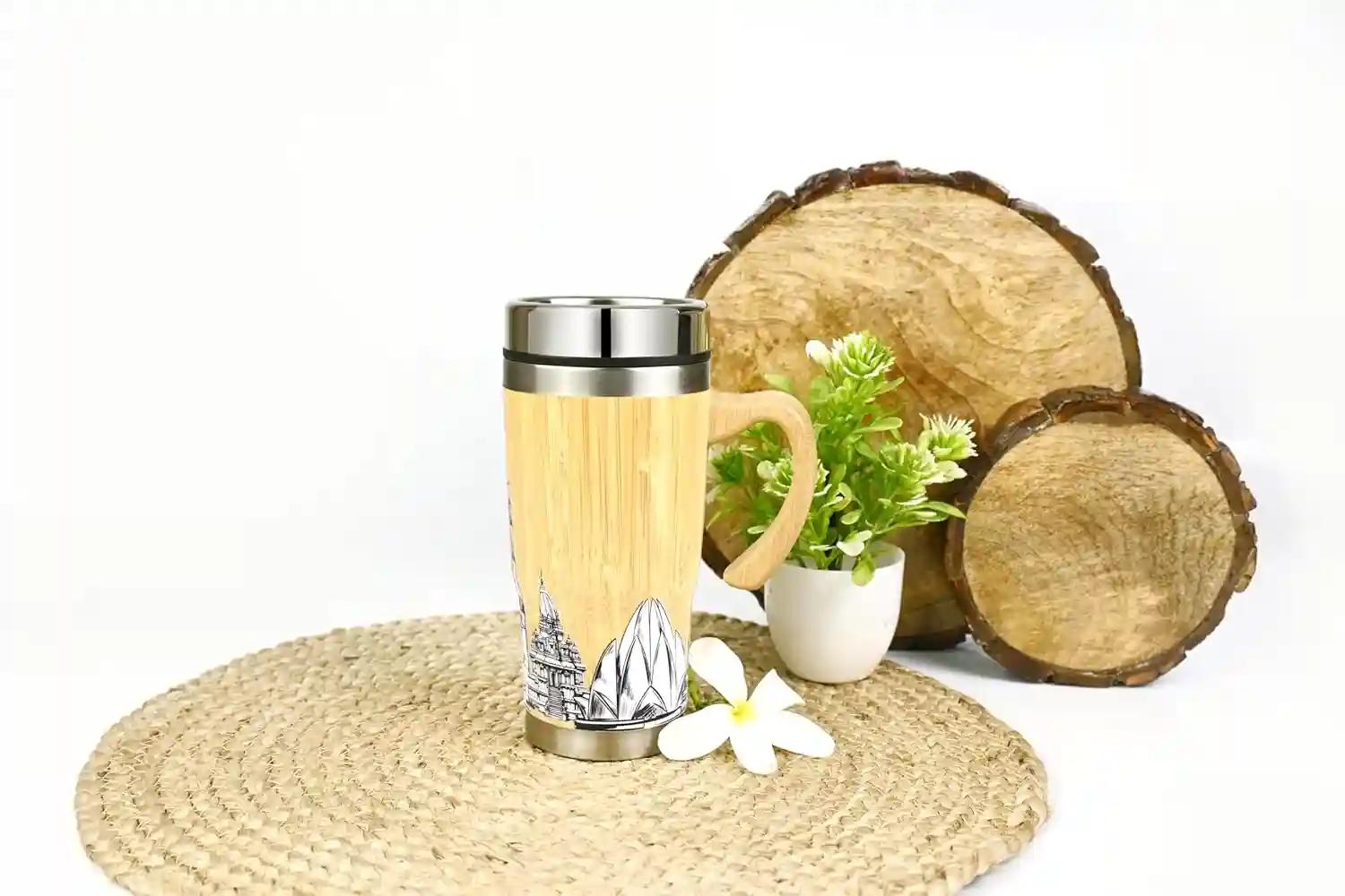 CORNER ART STORE Bamboo Stainless Steel Tumbler with Lid and Handle I Bamboo Stainless Steel I Artisanal Craftsmanship | Sustainably Designed with Hot & Cold Insulation | Leak and Sweat Proof I Equipped for Effortless Use | Ideal for Home, Office, Gym, Travel, Professionals and Gifting |500 ML | Enchanted Monumental Mementos Collection | Eco-Friendly