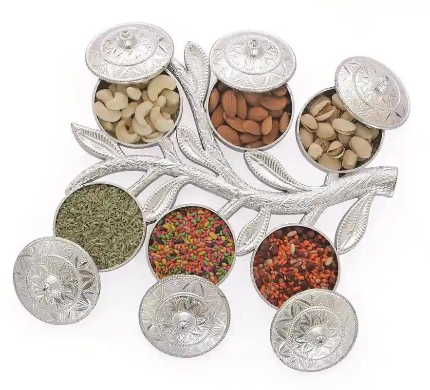 KHUSHIYA ENTERPRISE Multipurpose Tree Shape Dry Fruit Serving Tray Traditional Design 6-Section Mukhwas Dani Silver Finish Plastic Serving Platters