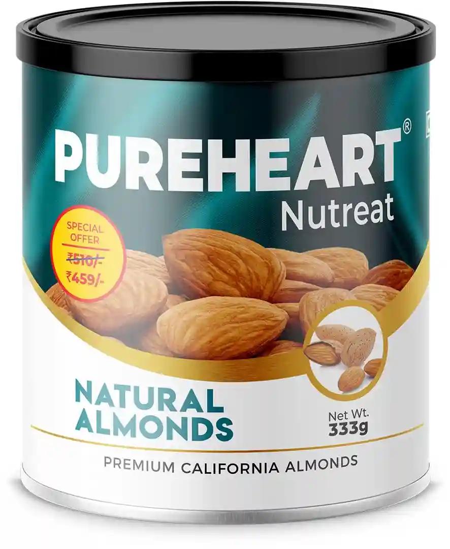 PUREHEART Nutreat Natural Almonds (333 gm) Premium California Almond Nuts/Dry Fruit, Crunchy & Delicious Dried Badam