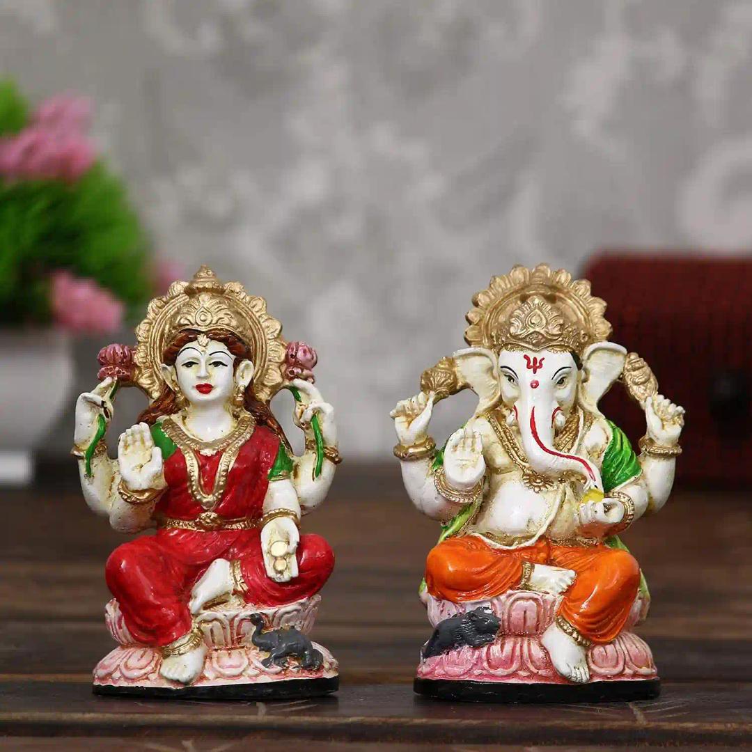 WEBELKART Premium Lord Laxmi Ganesha Idol Statue Showpiece for Home Pooja Decor and Temple/Laxmi Ganesha Idol for Diwali poojan (Set of 2-4 Inches)