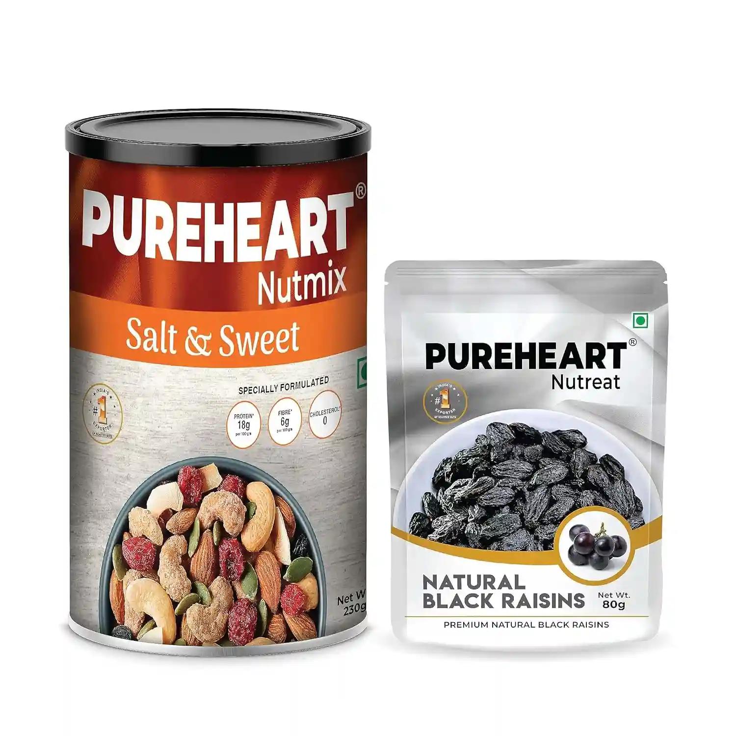 PUREHEART Khatta Mitha Combo Gift Hamper - Nutmix Salt & Sweet (230 gm) & Natural Black Raisins (80 gm) Mix Nuts & Dry Fruits - Ideal Gift Option